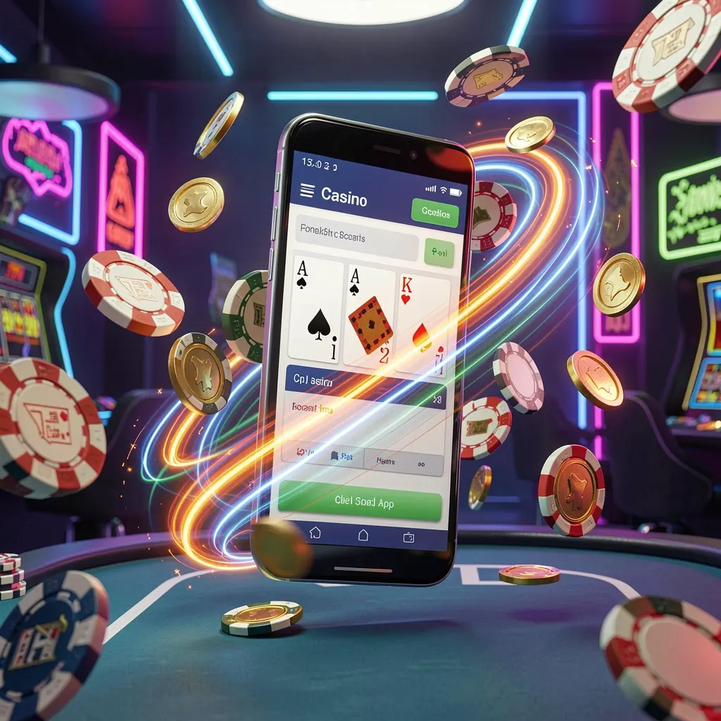 F880 fast casino app access visual featuring a smartphone with speed light trails, flying coins and chips, set against a modern neon casino background in a dynamic 3D render