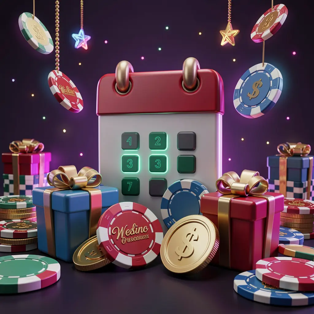 F880 weekly casino bonus concept featuring a calendar icon, gift boxes, coins, and chips with a festive dark background and neon glow in premium 3D style
