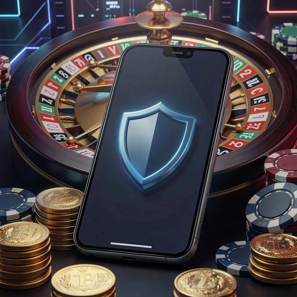 F880 secure mobile casino login screen showing a phone with a shield icon, roulette wheel, poker chips, and golden coins in a dark cyber luxury atmosphere