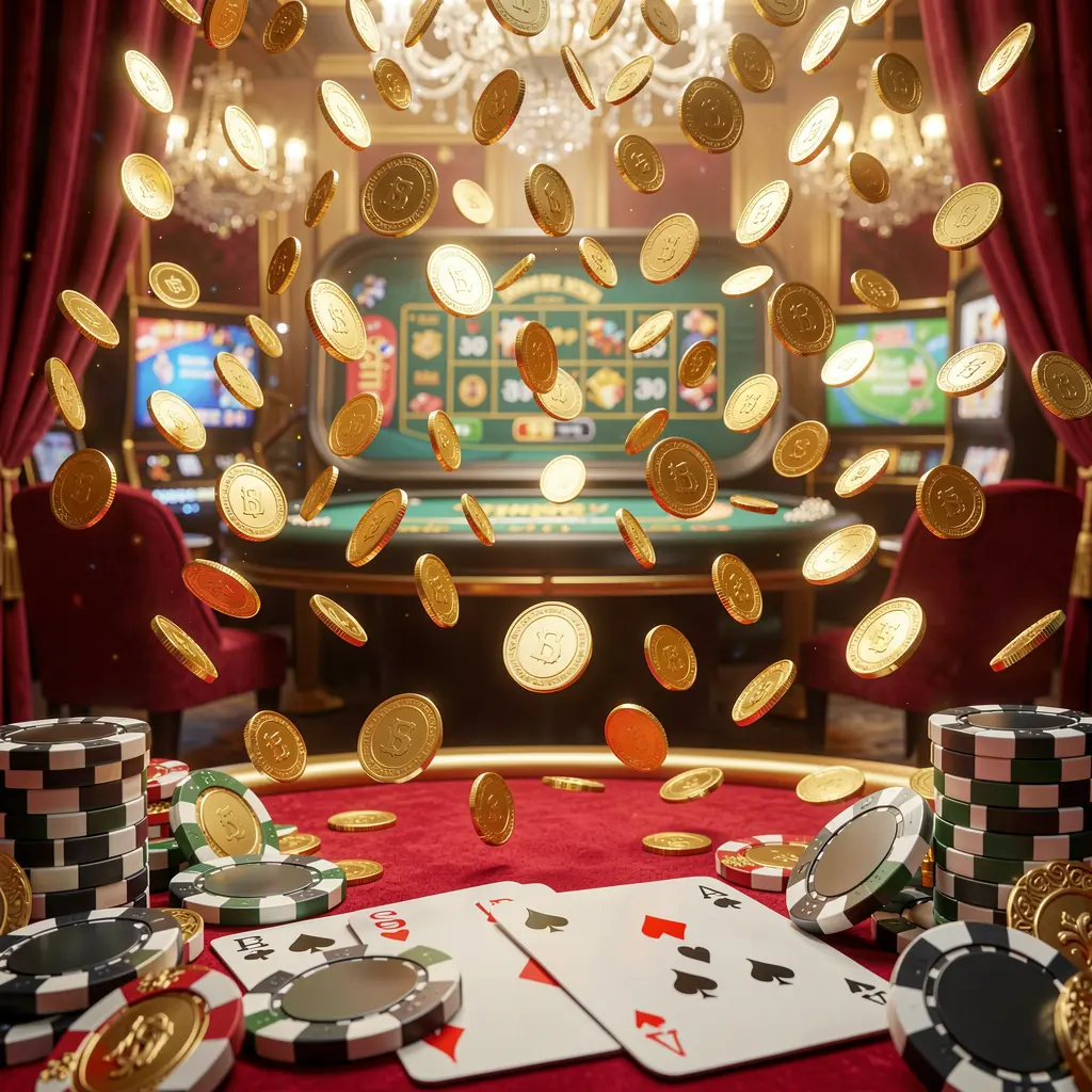F880 online gaming platform homepage banner featuring bright casino lights, golden coins raining, poker chips and playing cards in a luxury red and gold atmosphere with high detail 3D render